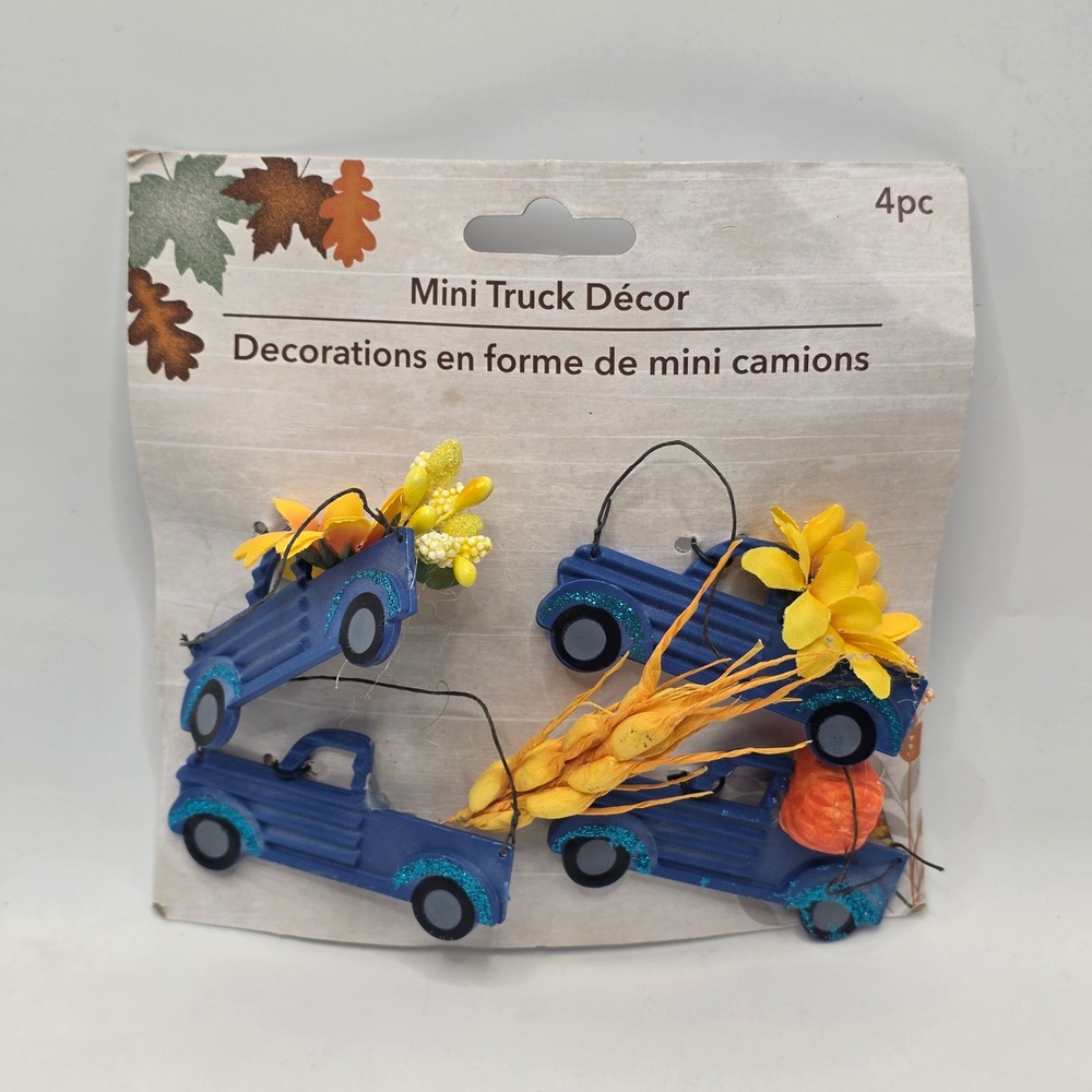 Mini Truck Decor Fall Harvest Blue Pickup Pumpkin Wheat Floral 4pc